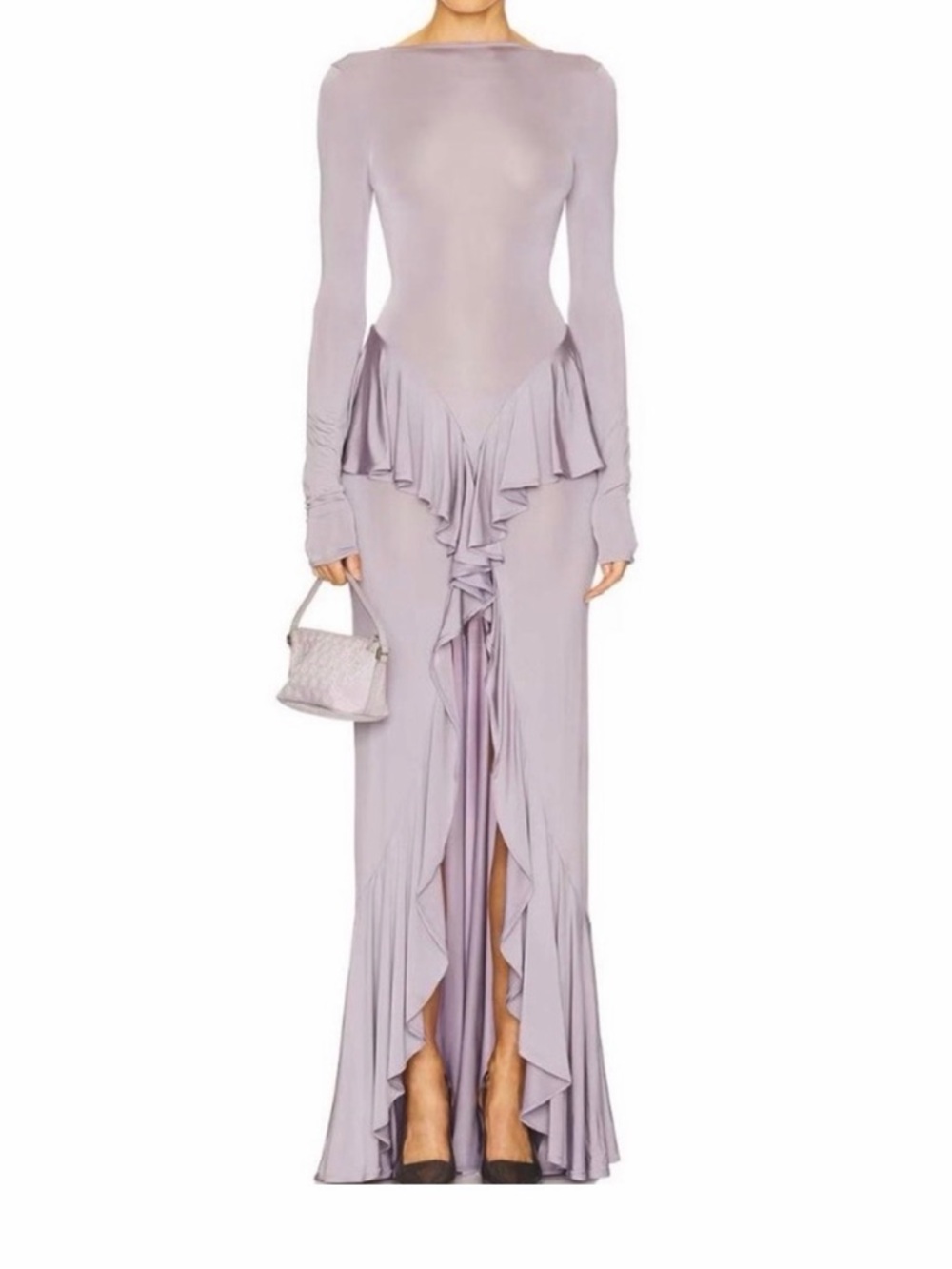 Long Sleeve Ruffled Front Maxi Dress in Dusty Lavender